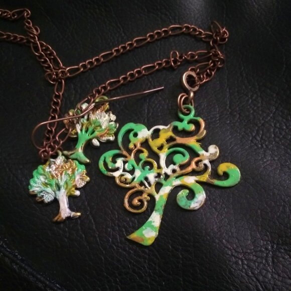 Tree of Life! Patina Painted Bronze Necklace & Earrings Set | Autumn Fall Colors - Picture 1 of 10